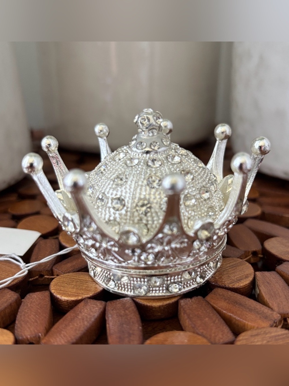 Hobby Lobby Metal Crown Jewelry Box,rhinestones,hinge opening,enamel interior